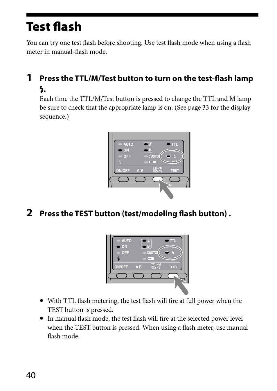 Test flash | Sony HVL-MT24AM User Manual | Page 40 / 295