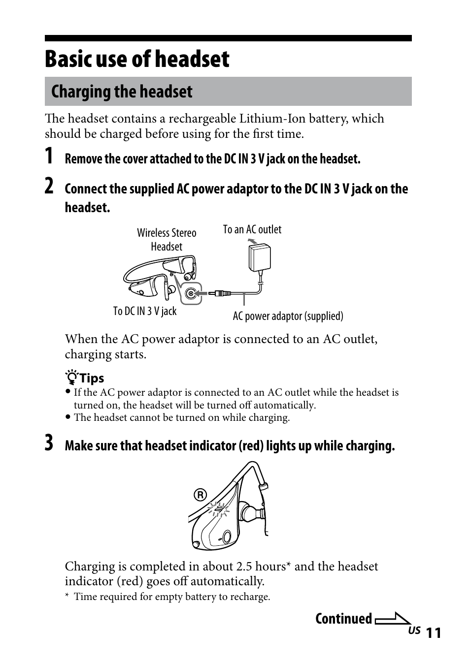 Basic use of headset, Charging the headset, Basic.use.of.headset | Sony DR BT160IK User Manual | Page 11 / 84