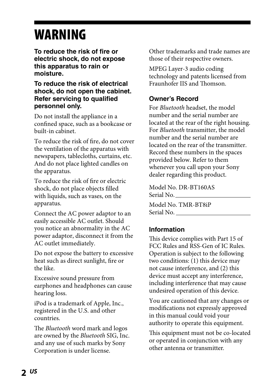 Warning | Sony DR BT160IK User Manual | Page 2 / 84