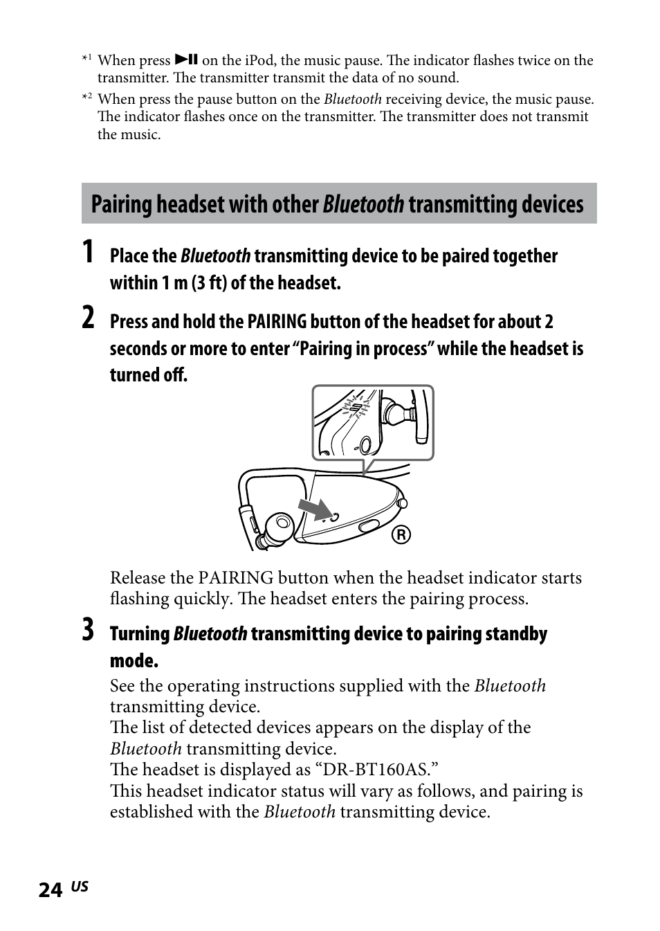 Pairing headset with other, Bluetooth transmitting, Devices | Sony DR BT160IK User Manual | Page 24 / 84