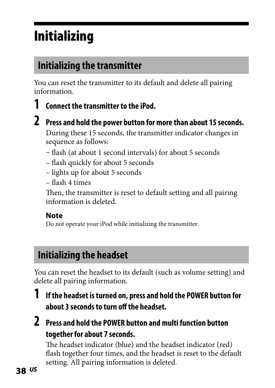 Initializing, Initializing the transmitter, Initializing the headset | Sony DR BT160IK User Manual | Page 38 / 84