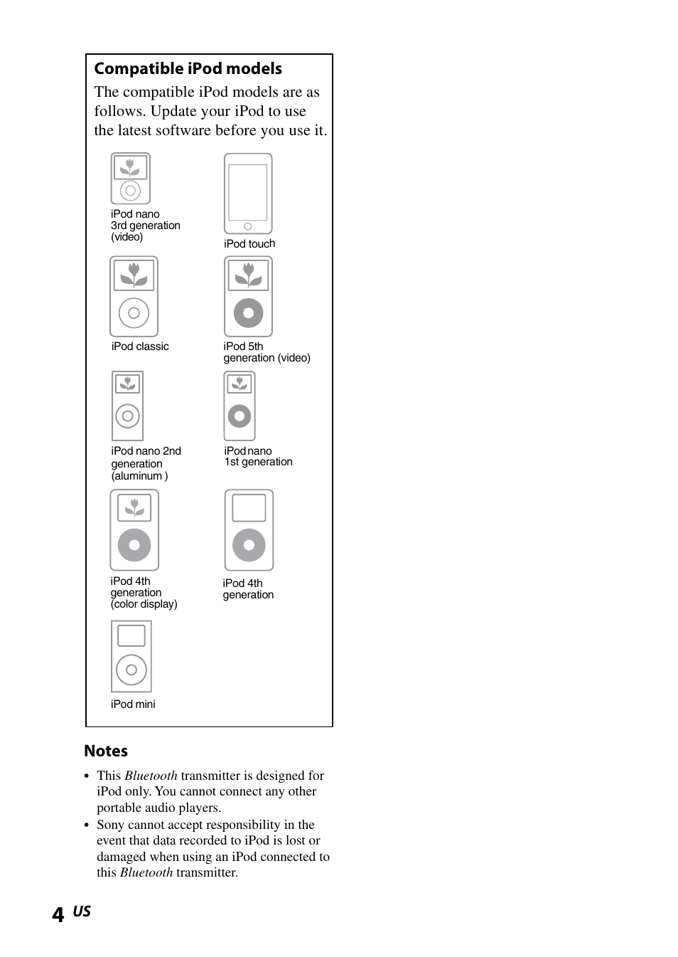 Compatible ipod models | Sony DR BT160IK User Manual | Page 4 / 84