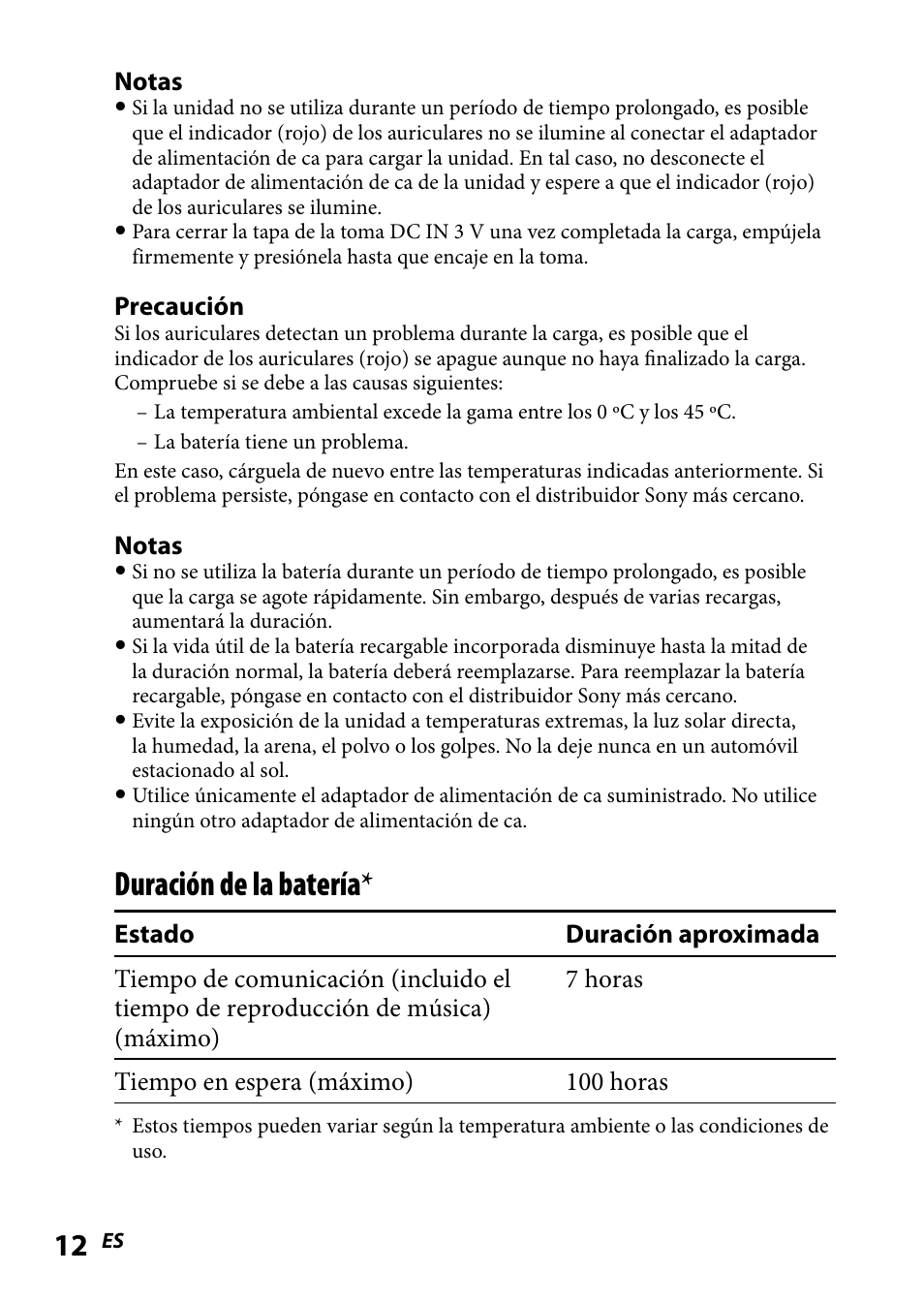 Duración de la batería | Sony DR BT160IK User Manual | Page 52 / 84