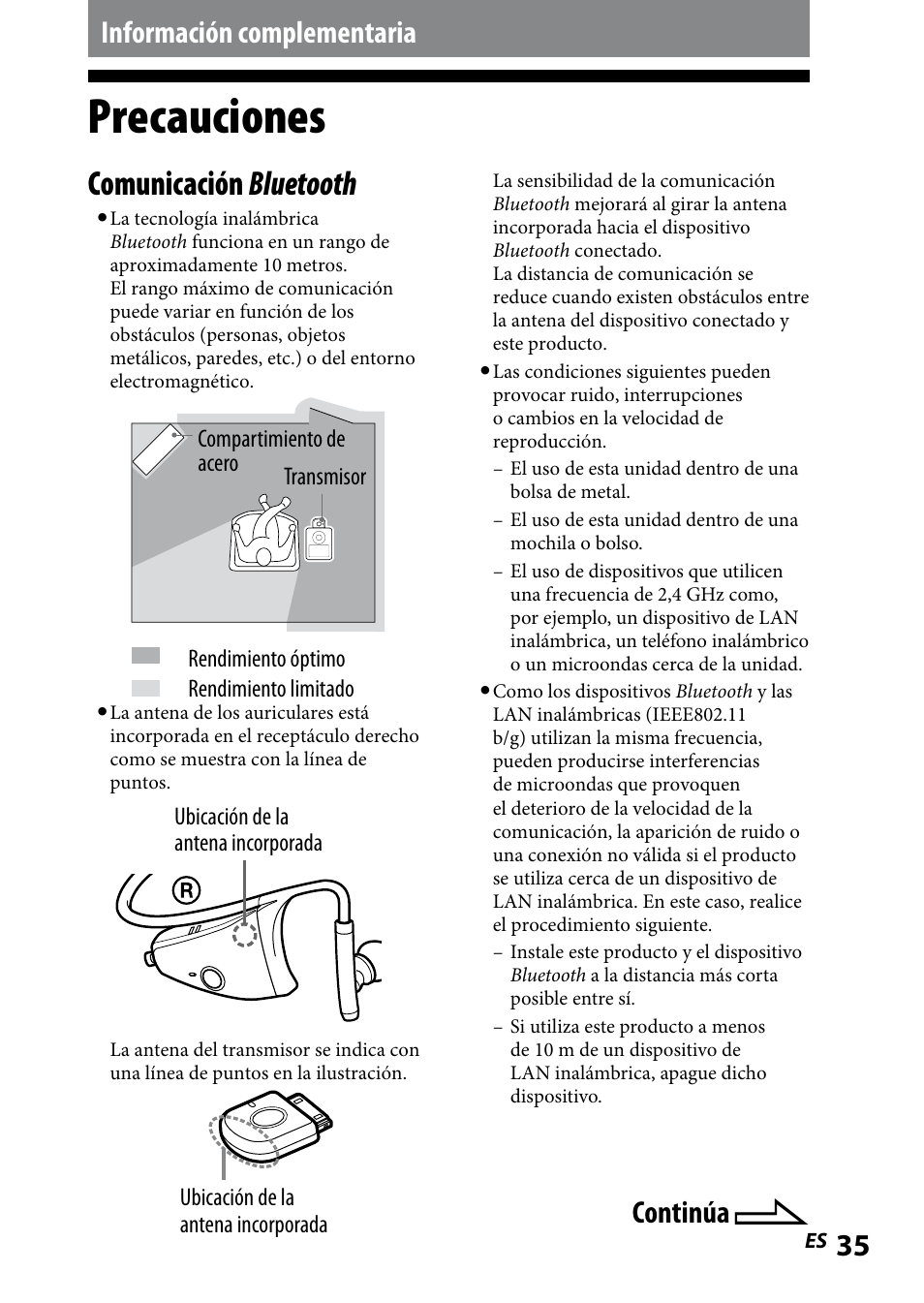 Información complementaria, Precauciones, Comunicación bluetooth | Continúa | Sony DR BT160IK User Manual | Page 75 / 84