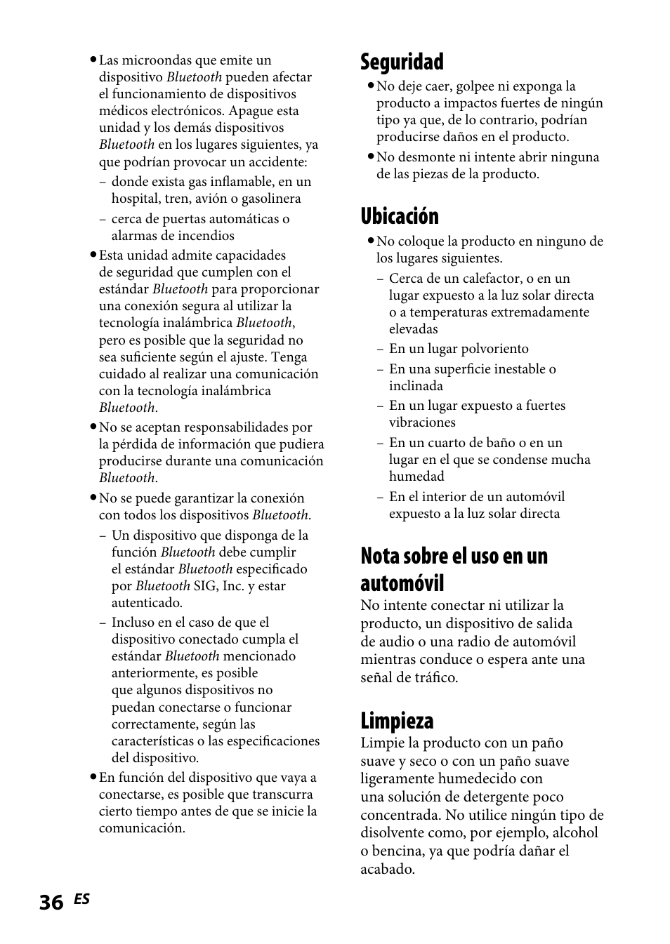 Seguridad, Ubicación, Nota sobre el uso en un automóvil | Limpieza | Sony DR BT160IK User Manual | Page 76 / 84