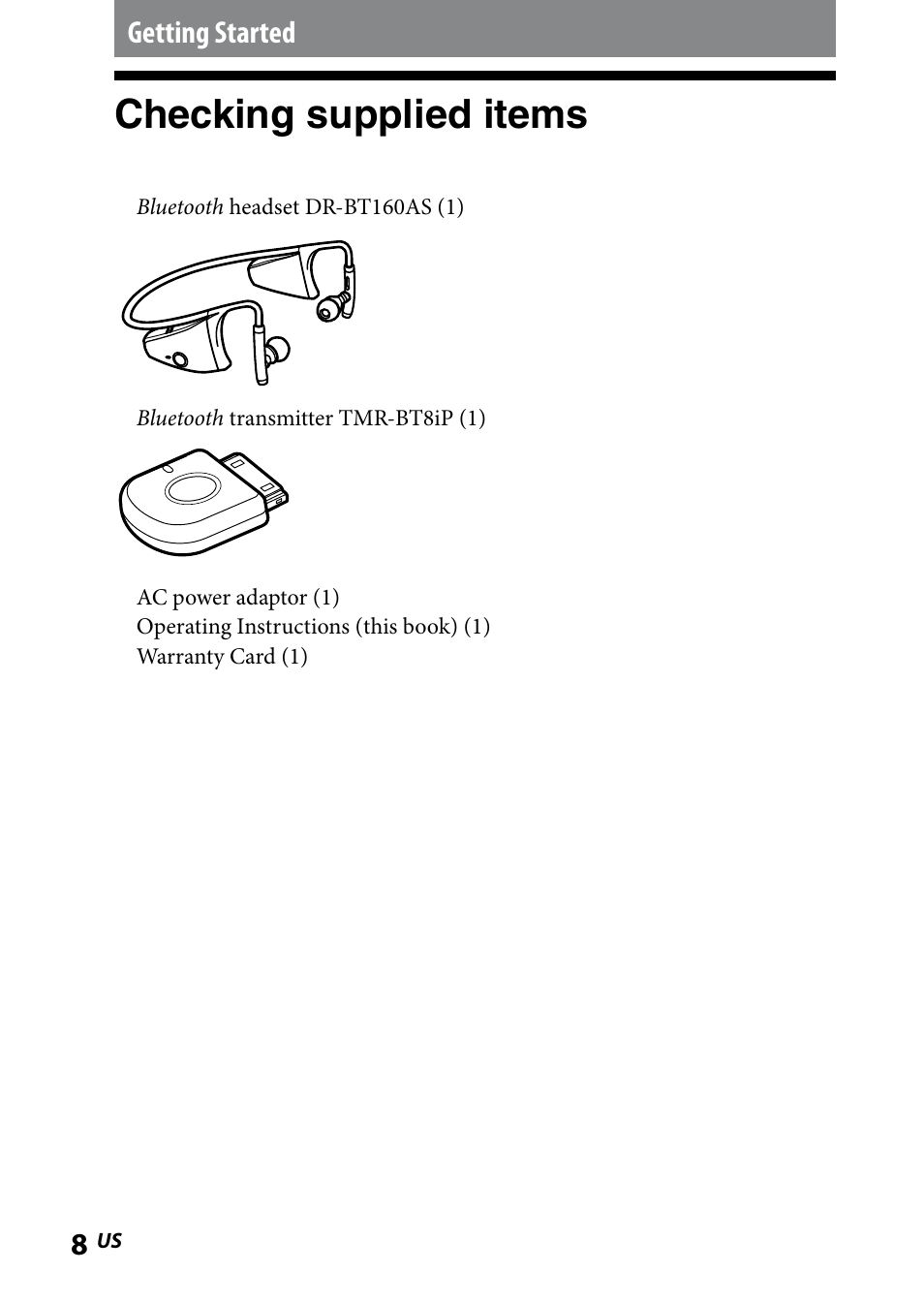 Getting started, Checking supplied items, Checking.supplied.items | Sony DR BT160IK User Manual | Page 8 / 84