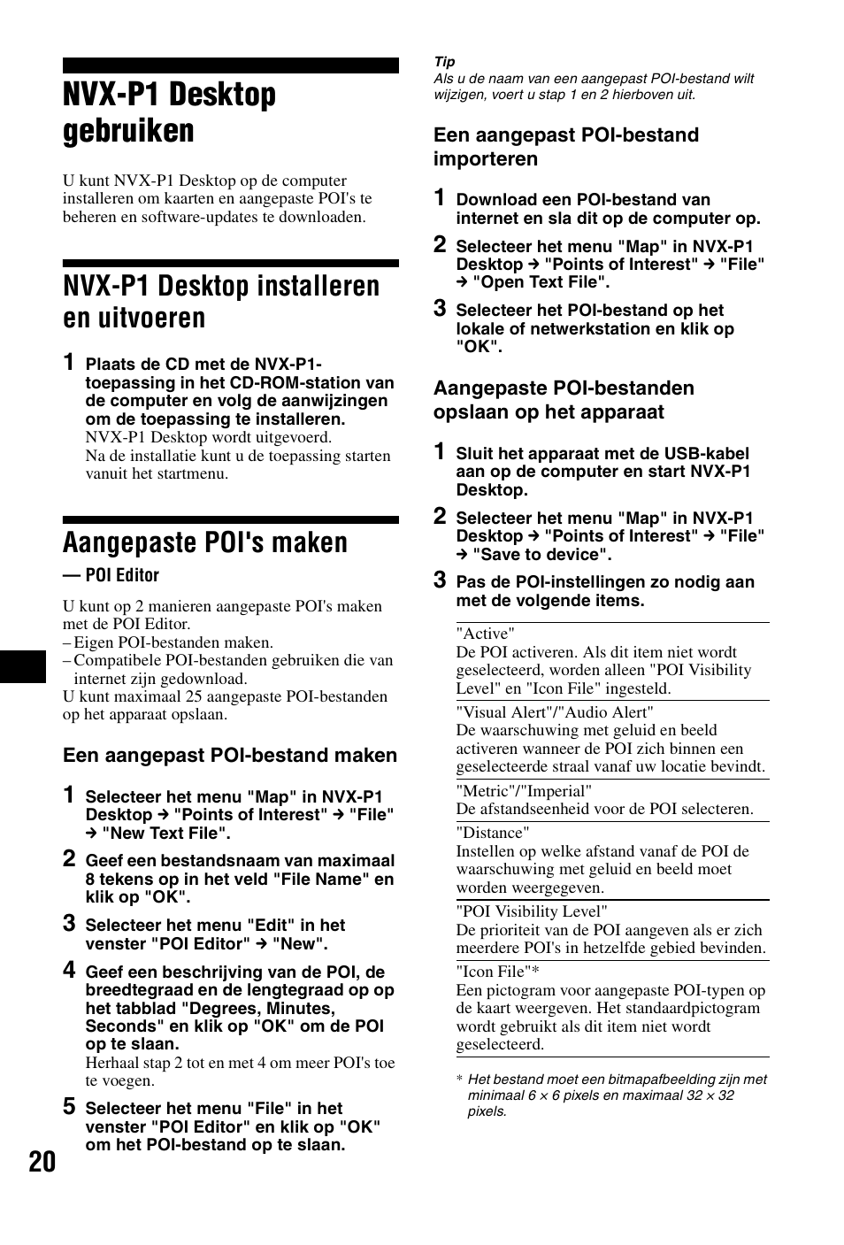 Nvx-p1 desktop gebruiken, Nvx-p1 desktop installeren en uitvoeren, Aangepaste poi's maken | Poi editor, Nvx-p1 desktop installeren en, Uitvoeren | Sony NVX-P1 User Manual | Page 122 / 204