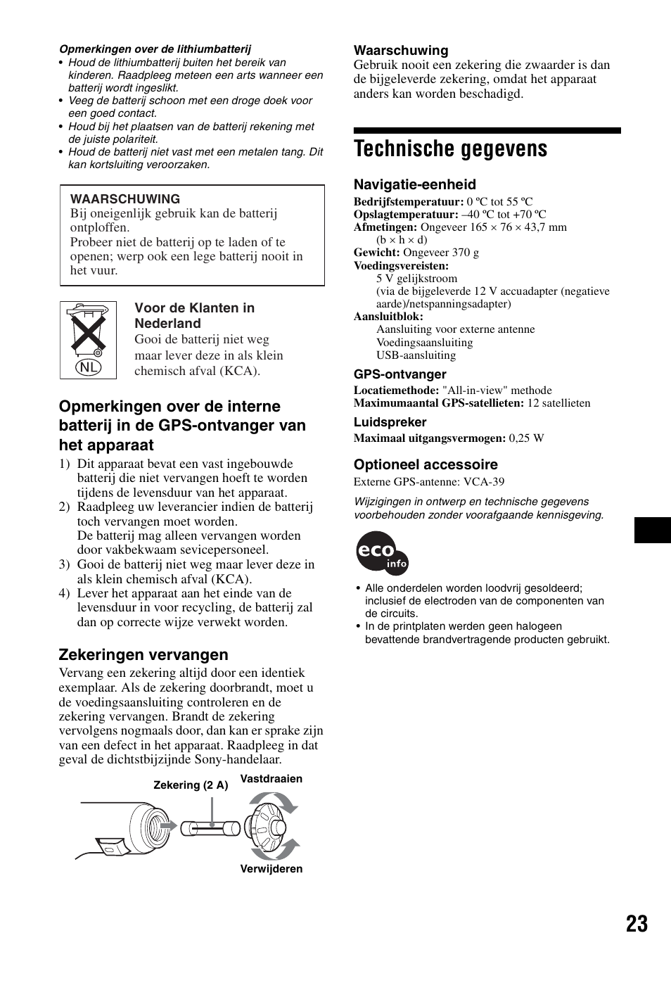 Technische gegevens, Zekeringen vervangen | Sony NVX-P1 User Manual | Page 125 / 204