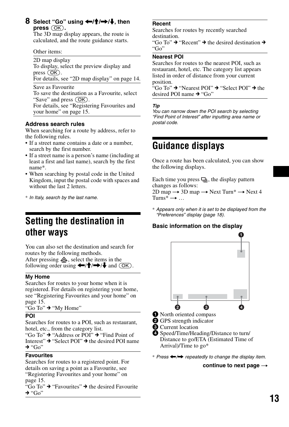 Setting the destination in other ways, Guidance displays | Sony NVX-P1 User Manual | Page 13 / 204