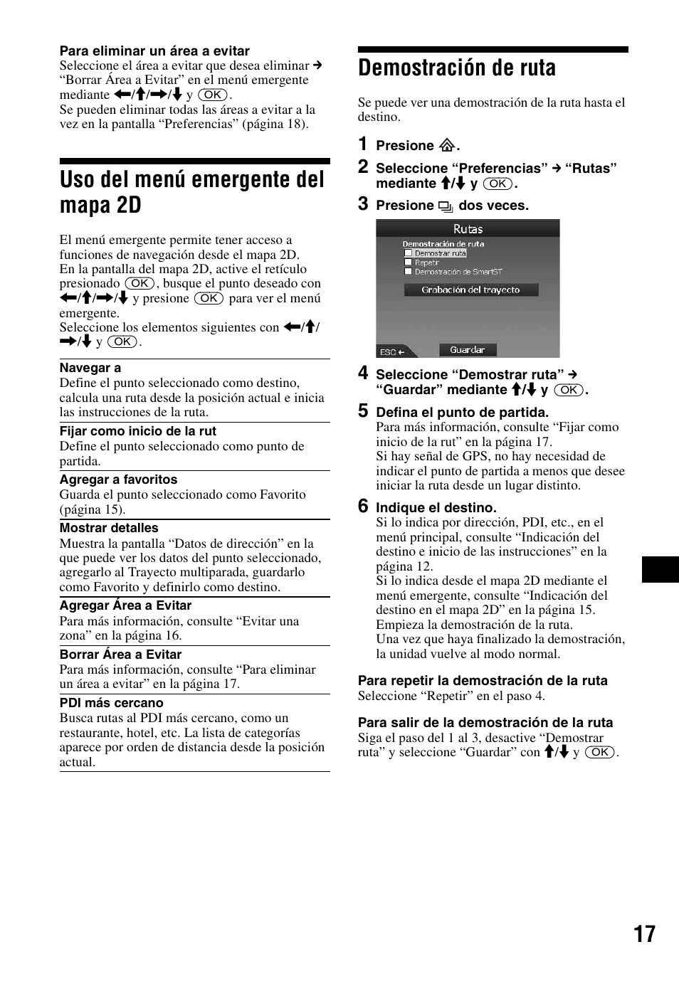 Uso del menú emergente del mapa 2d, Demostración de ruta | Sony NVX-P1 User Manual | Page 145 / 204