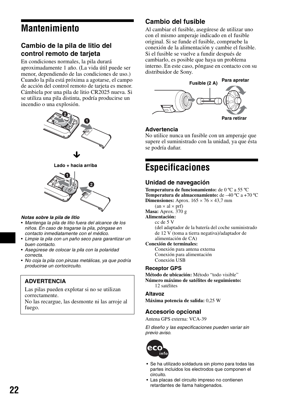 Mantenimiento, Especificaciones, Mantenimiento especificaciones | 22 mantenimiento, Cambio del fusible | Sony NVX-P1 User Manual | Page 150 / 204