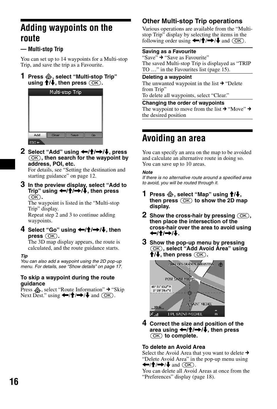 Adding waypoints on the route, Multi-stop trip, Avoiding an area | 16 adding waypoints on the route | Sony NVX-P1 User Manual | Page 16 / 204
