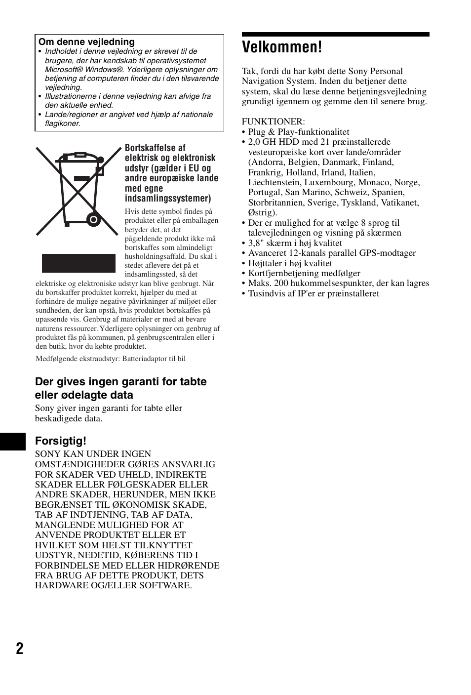 Velkommen | Sony NVX-P1 User Manual | Page 178 / 204