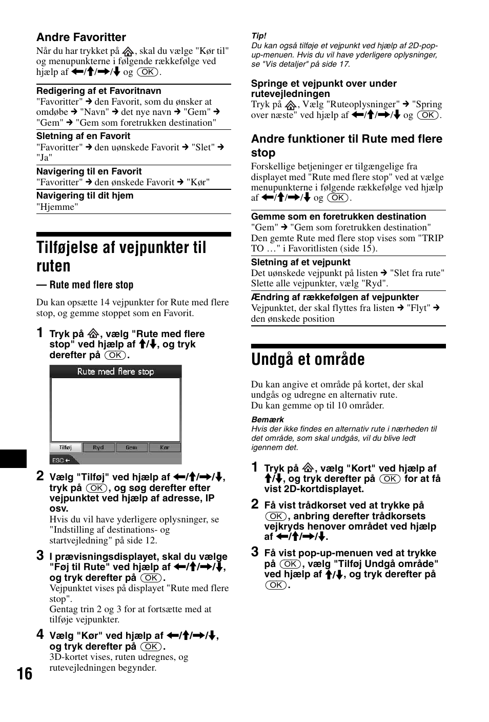 Tilføjelse af vejpunkter til ruten, Rute med flere stop, Undgå et område | Sony NVX-P1 User Manual | Page 192 / 204