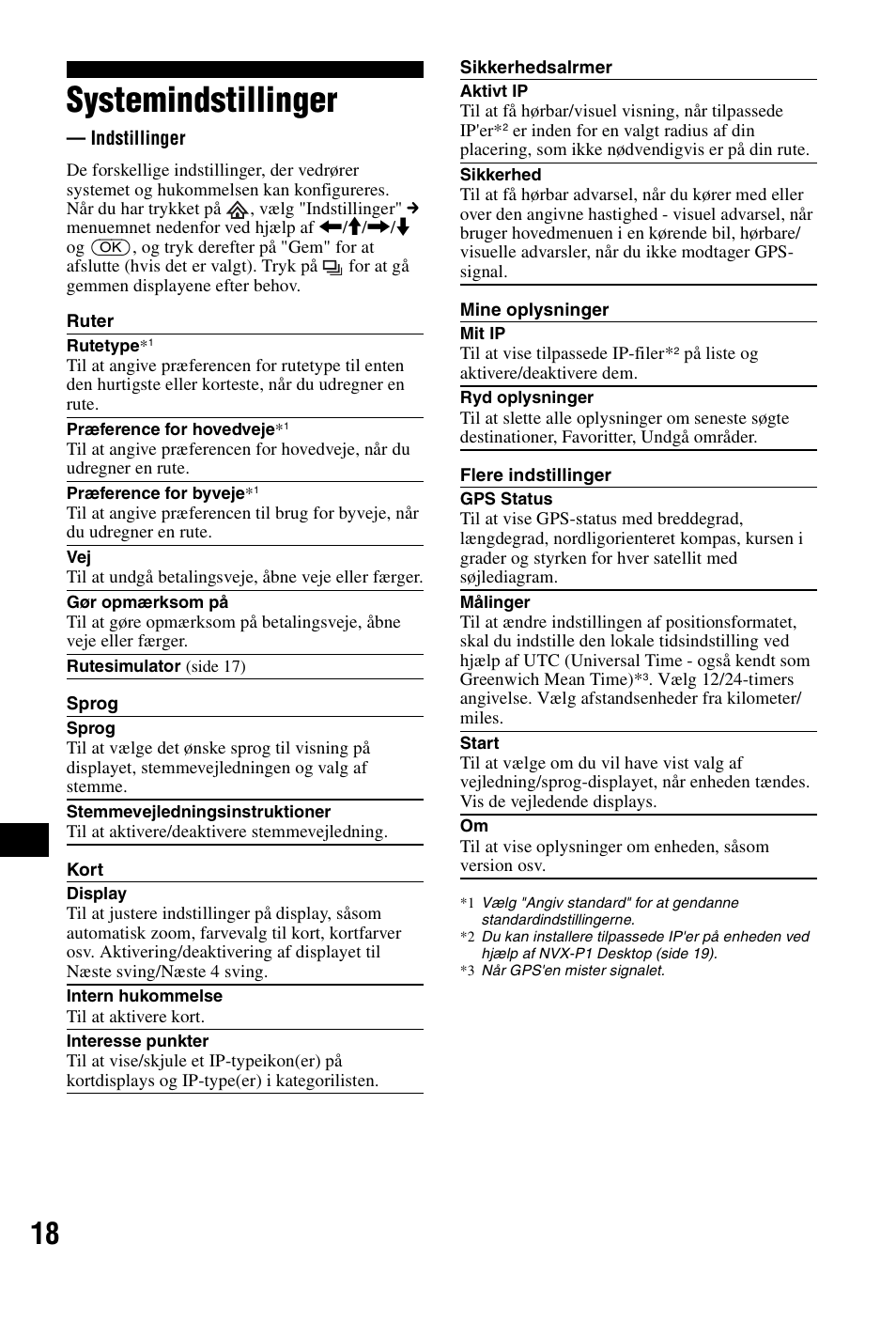 Systemindstillinger, Indstillinger, Side 18 | Sony NVX-P1 User Manual | Page 194 / 204