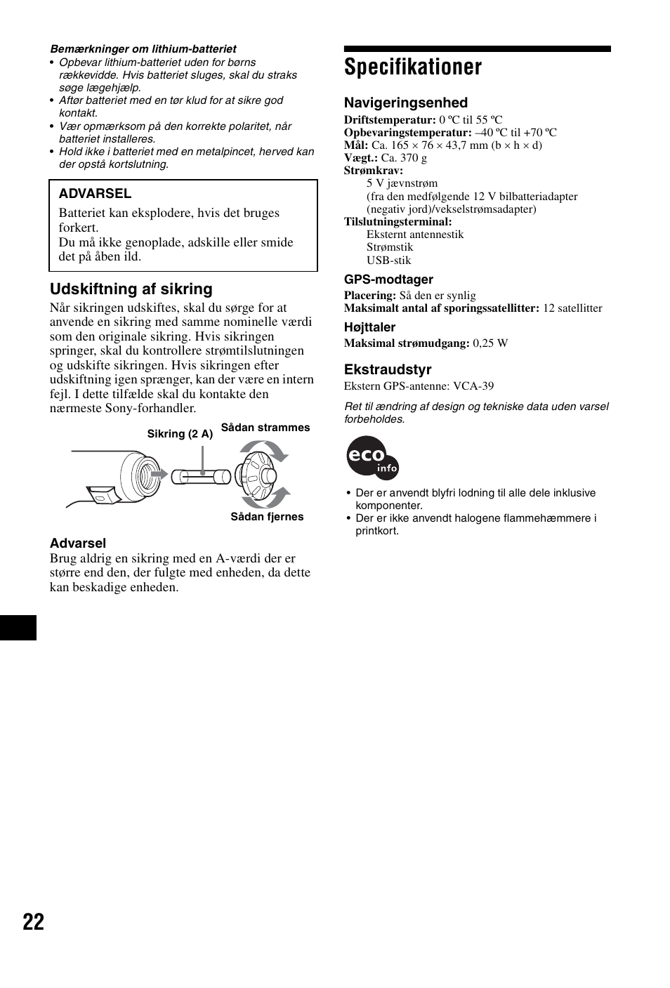 Specifikationer, Udskiftning af sikring | Sony NVX-P1 User Manual | Page 198 / 204
