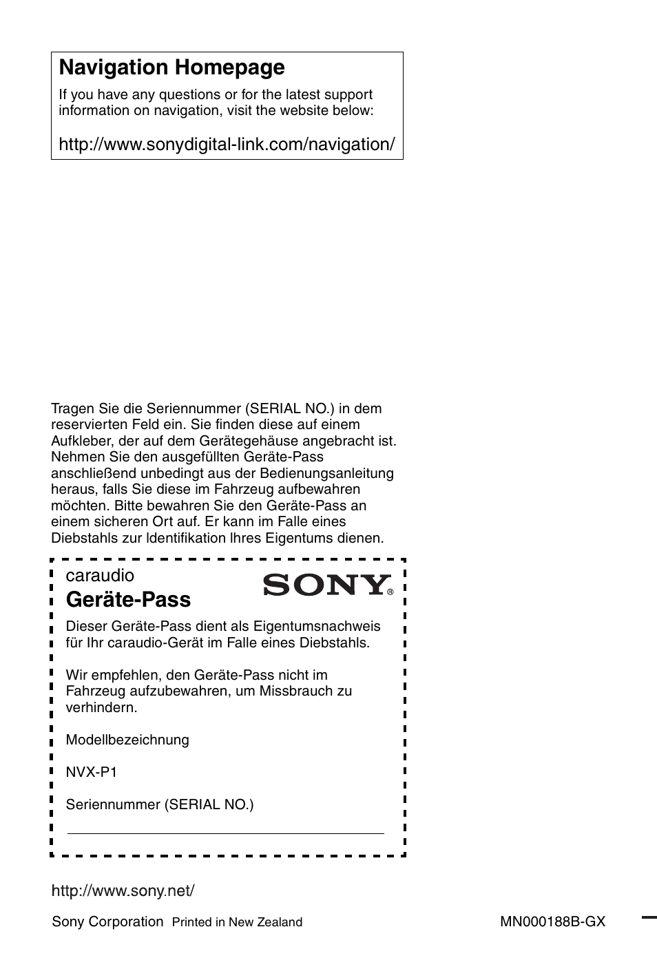 Geräte-pass, Navigation homepage, Caraudio | Sony NVX-P1 User Manual | Page 204 / 204