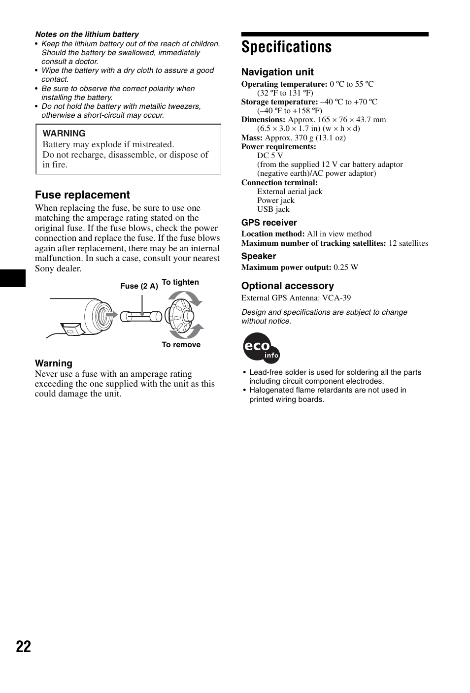 Specifications, Fuse replacement | Sony NVX-P1 User Manual | Page 22 / 204