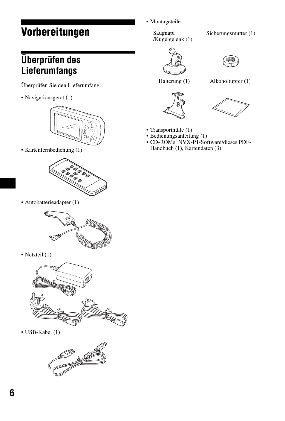 Vorbereitungen, Überprüfen des lieferumfangs | Sony NVX-P1 User Manual | Page 30 / 204
