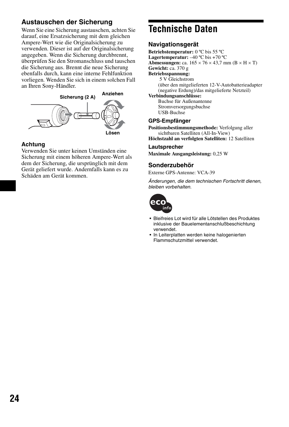 Technische daten, Austauschen der sicherung | Sony NVX-P1 User Manual | Page 48 / 204