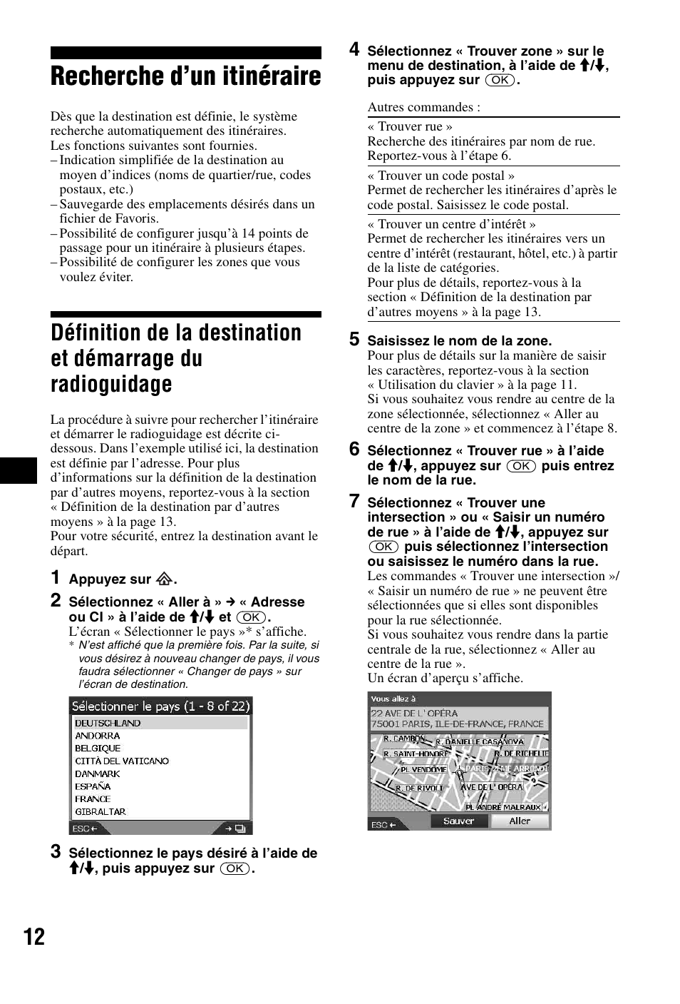 Recherche d’un itinéraire, Définition de la destination et démarrage du, Radioguidage | Sony NVX-P1 User Manual | Page 62 / 204