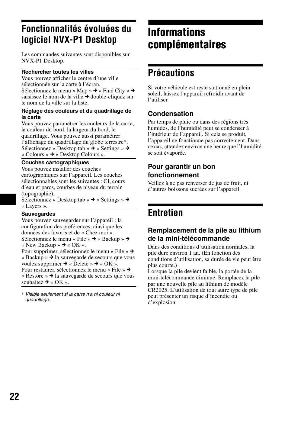 Informations complémentaires, Précautions, Entretien | Fonctionnalités évoluées du logiciel nvx-p1, Desktop, Précautions entretien | Sony NVX-P1 User Manual | Page 72 / 204