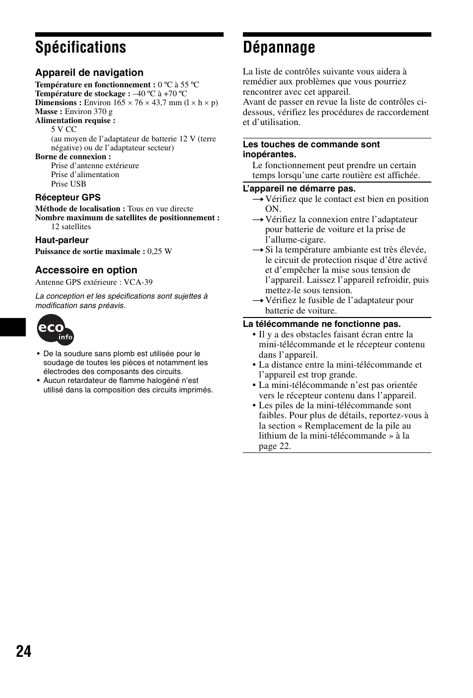Spécifications, Dépannage, Spécifications dépannage | 24 spécifications | Sony NVX-P1 User Manual | Page 74 / 204