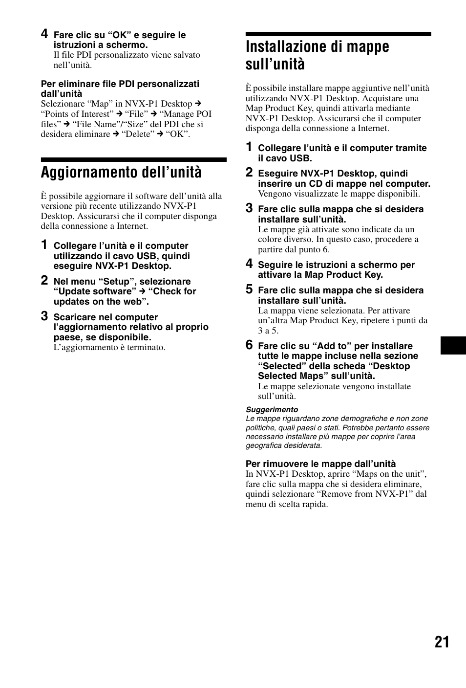 Aggiornamento dell’unità, Installazione di mappe sull’unità | Sony NVX-P1 User Manual | Page 97 / 204