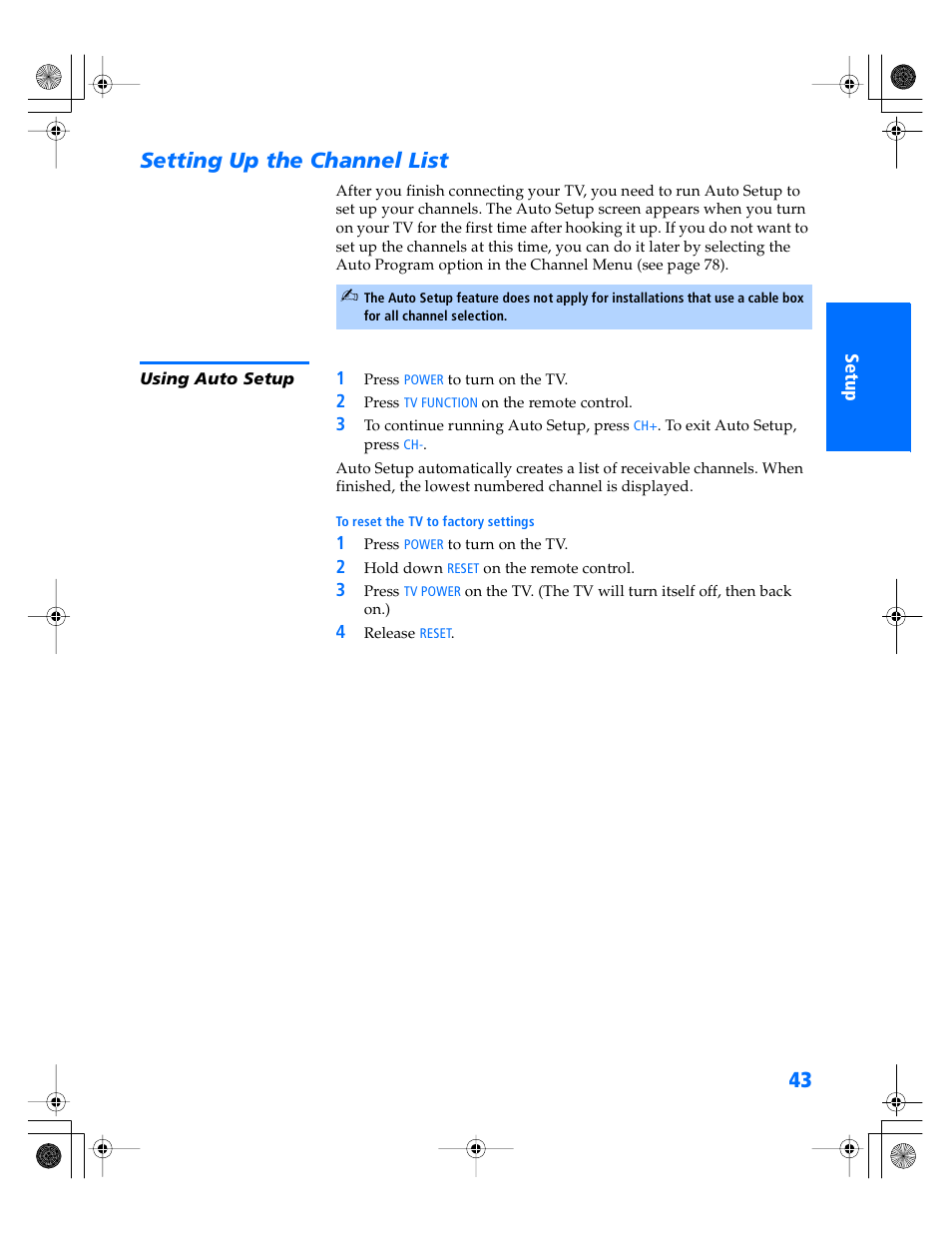 Setting up the channel list, Using auto setup | Sony KP- 57WV600 User Manual | Page 44 / 101