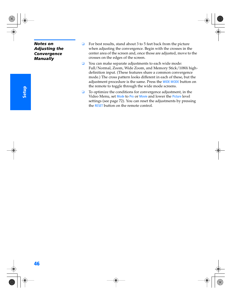 Notes on adjusting the convergence manually | Sony KP- 57WV600 User Manual | Page 47 / 101