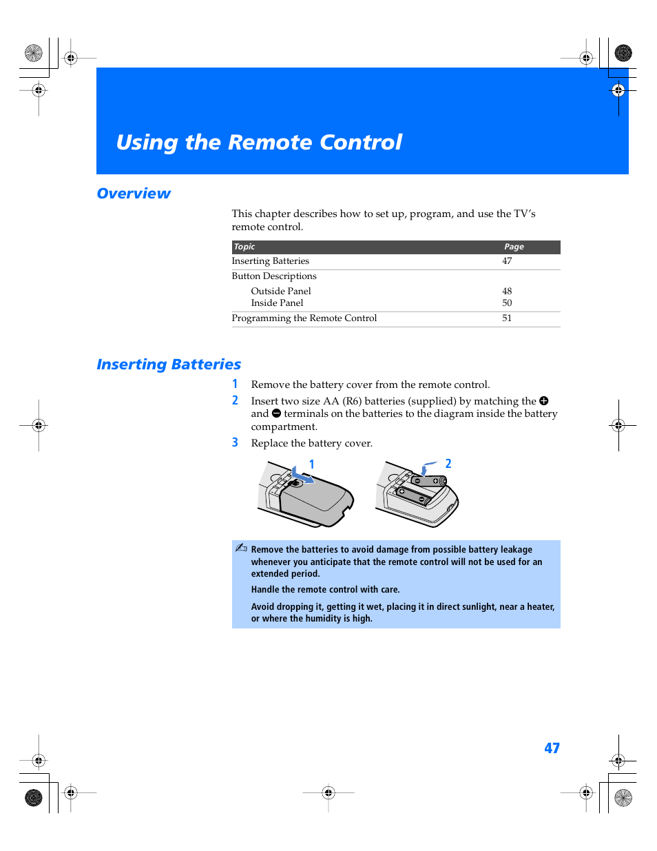 Using the remote control, Overview, Inserting batteries | Overview inserting batteries | Sony KP- 57WV600 User Manual | Page 48 / 101