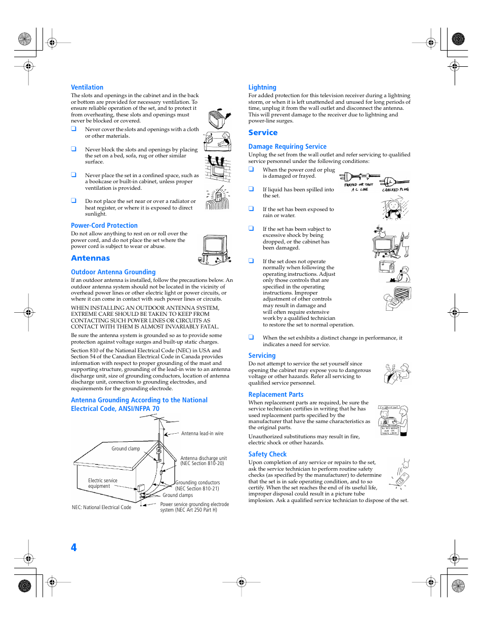 Antennas, Service | Sony KP- 57WV600 User Manual | Page 5 / 101