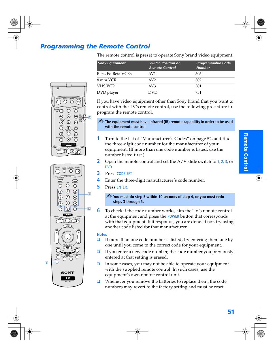 Programming the remote control | Sony KP- 57WV600 User Manual | Page 52 / 101