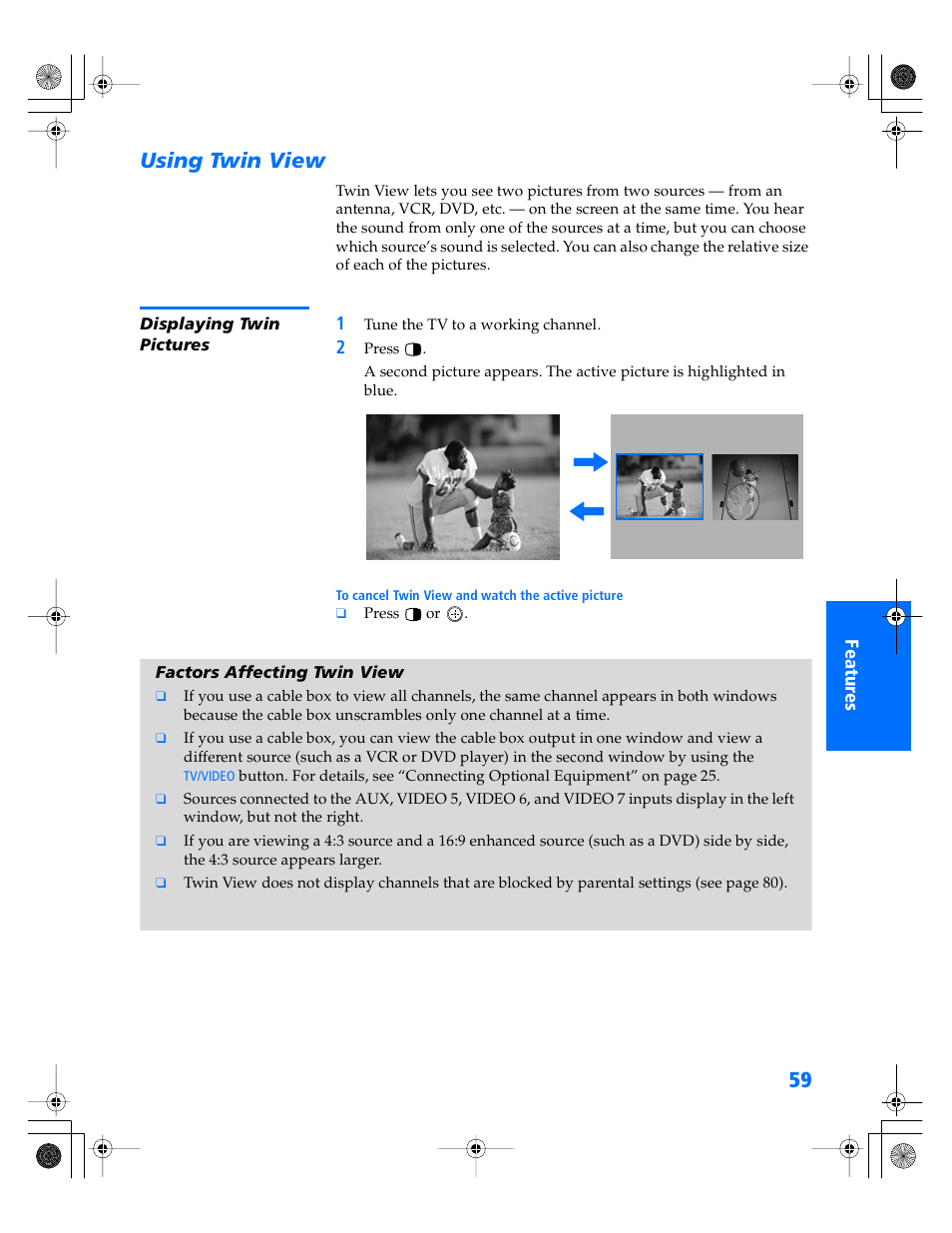 Using twin view, Displaying twin pictures, Factors affecting twin view | Sony KP- 57WV600 User Manual | Page 60 / 101