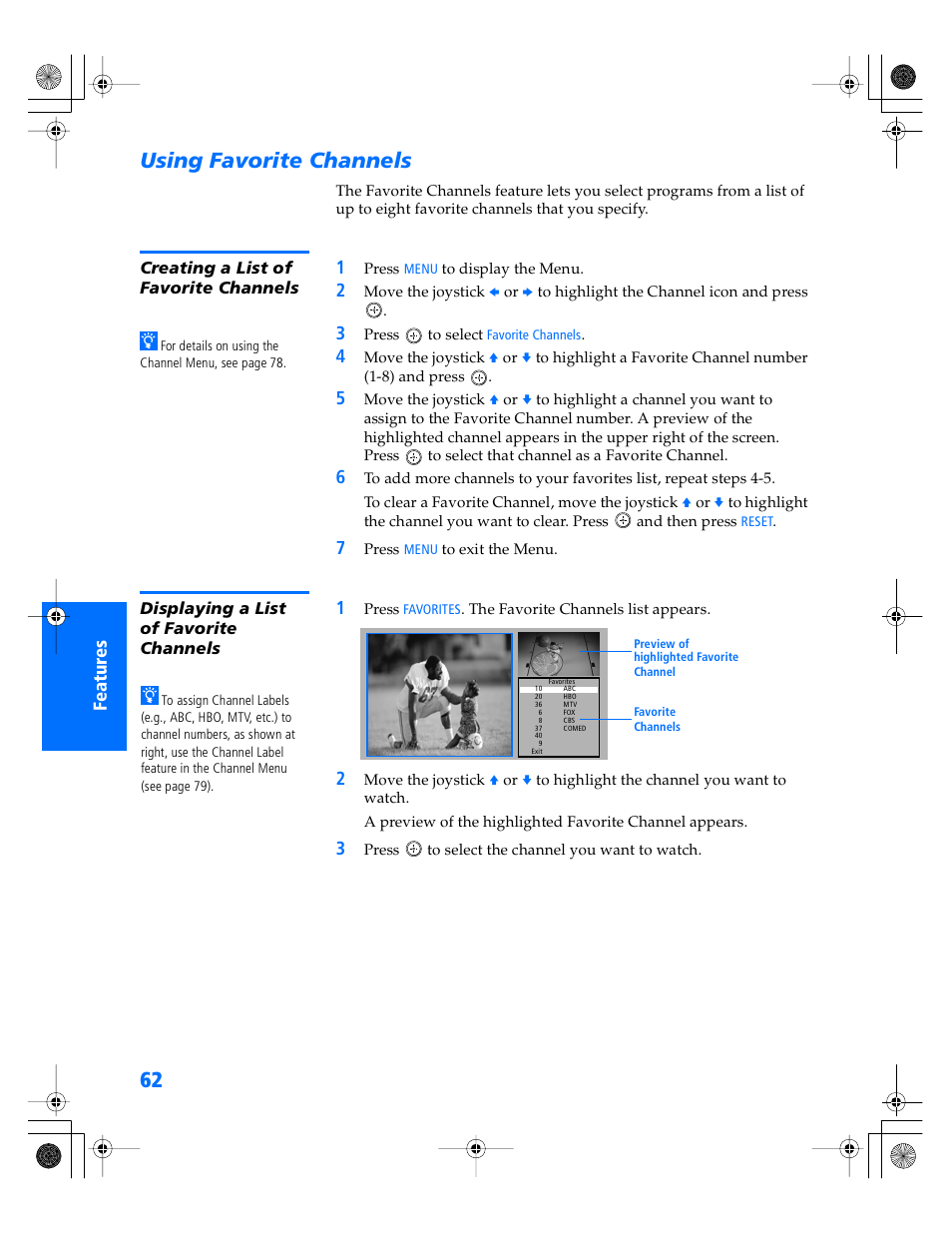 Using favorite channels, Creating a list of favorite channels, Displaying a list of favorite channels | Sony KP- 57WV600 User Manual | Page 63 / 101