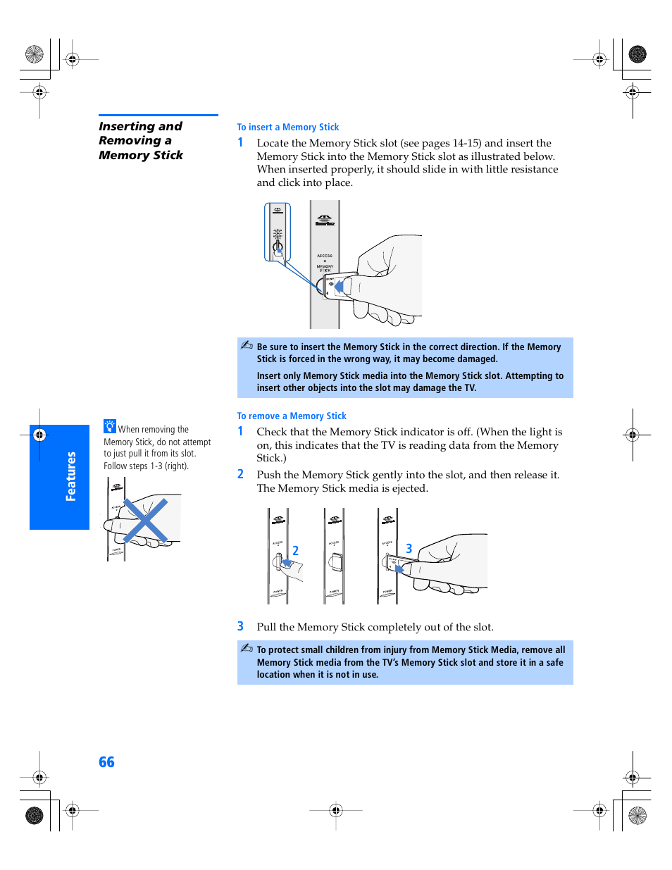 Inserting and removing a memory stick | Sony KP- 57WV600 User Manual | Page 67 / 101