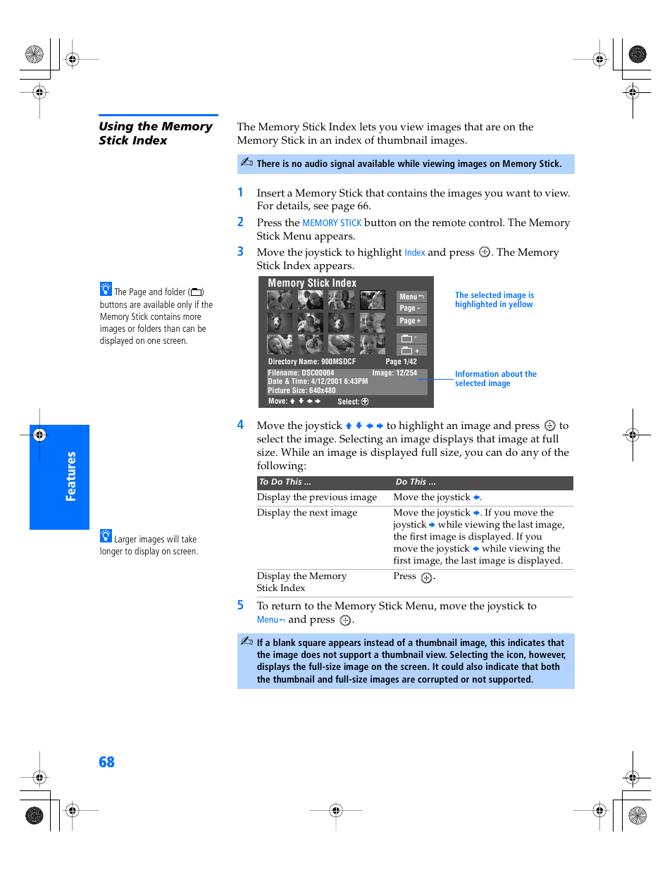 Using the memory stick index | Sony KP- 57WV600 User Manual | Page 69 / 101