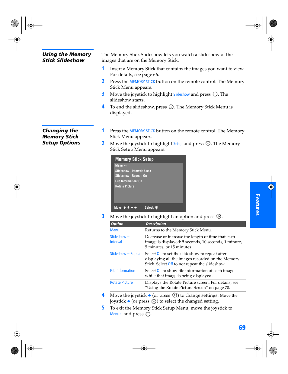 Using the memory stick slideshow, Changing the memory stick setup options | Sony KP- 57WV600 User Manual | Page 70 / 101