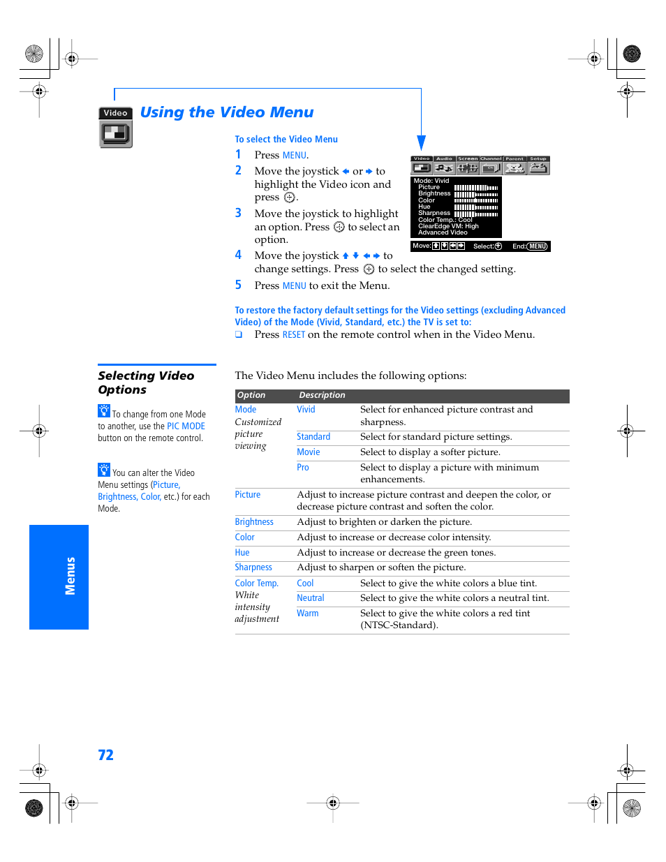 Using the video menu, Selecting video options | Sony KP- 57WV600 User Manual | Page 73 / 101