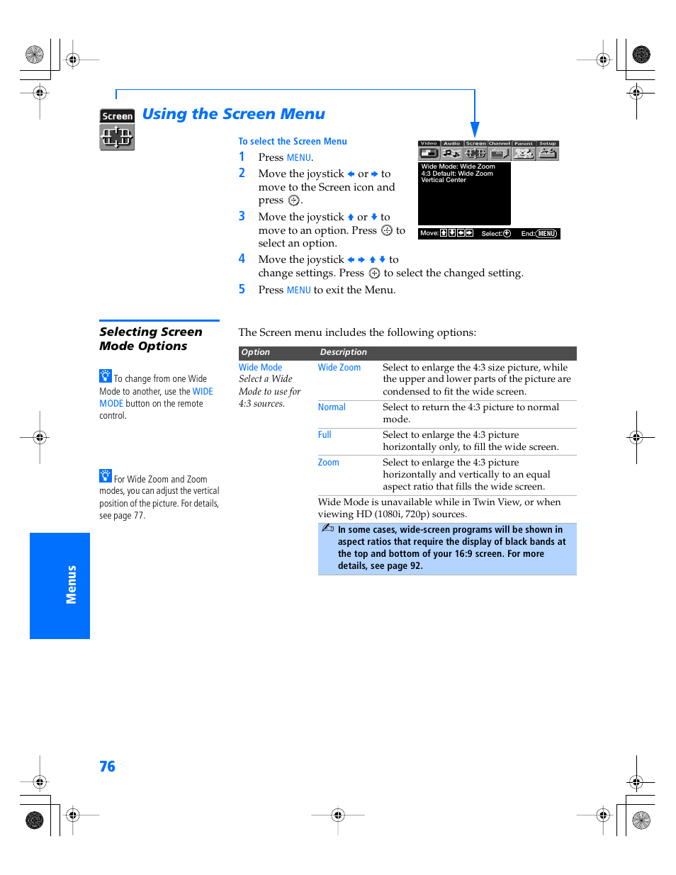 Using the screen menu, Selecting screen mode options, D 76 | Sony KP- 57WV600 User Manual | Page 77 / 101
