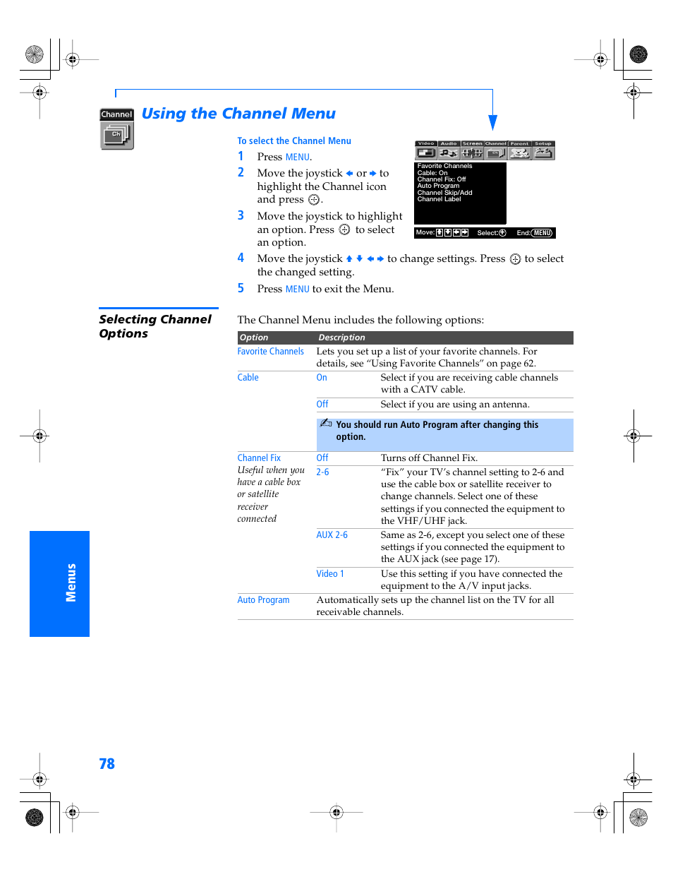 Using the channel menu, Selecting channel options | Sony KP- 57WV600 User Manual | Page 79 / 101