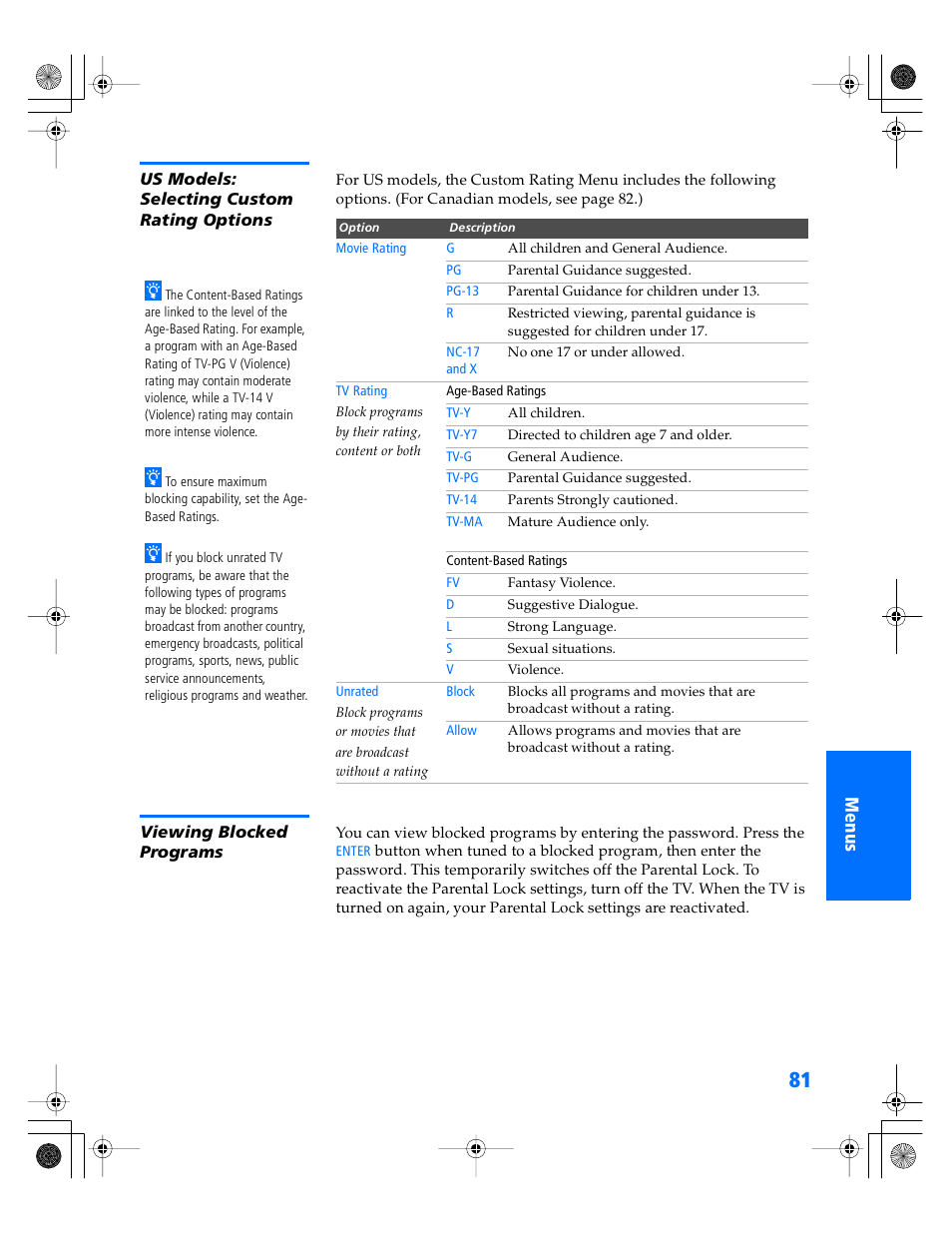 Us models: selecting custom rating options, Viewing blocked programs | Sony KP- 57WV600 User Manual | Page 82 / 101