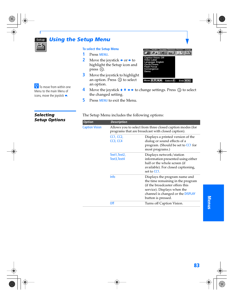 Using the setup menu, Selecting setup options | Sony KP- 57WV600 User Manual | Page 84 / 101