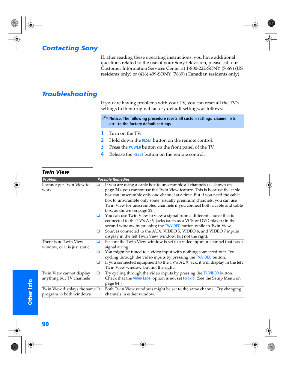 Contacting sony, Troubleshooting, Twin view | Contacting sony troubleshooting | Sony KP- 57WV600 User Manual | Page 91 / 101