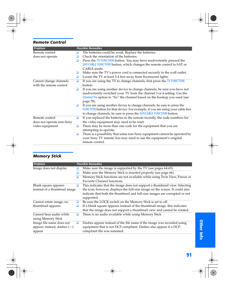 Remote control, Memory stick | Sony KP- 57WV600 User Manual | Page 92 / 101