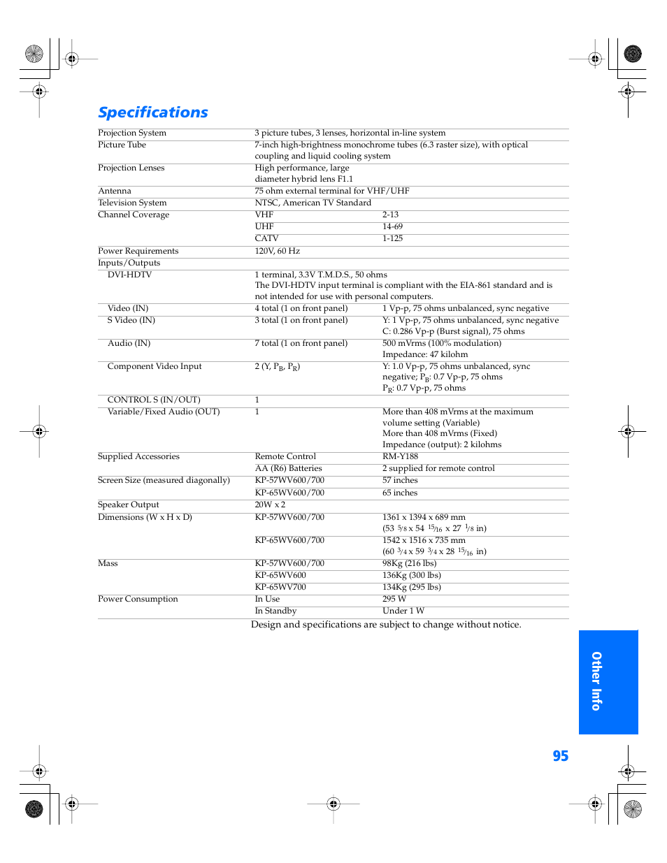 Specifications | Sony KP- 57WV600 User Manual | Page 96 / 101