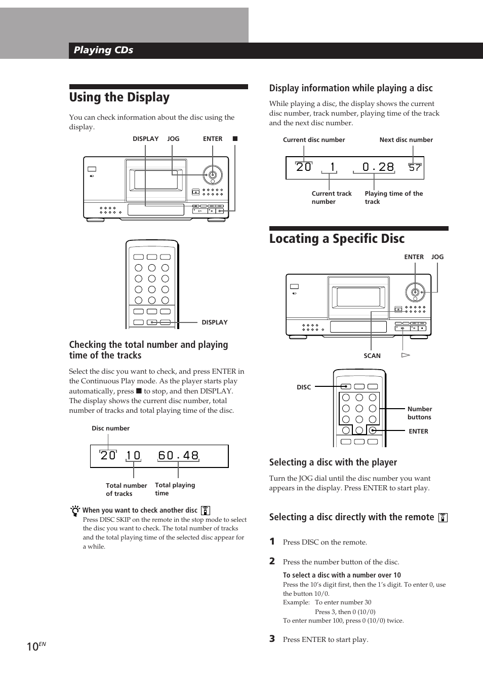 Using the display, Locating a specific disc, Playing cds | Display information while playing a disc, Selecting a disc with the player, Selecting a disc directly with the remote 1 | Sony CDP-CX153 User Manual | Page 10 / 93