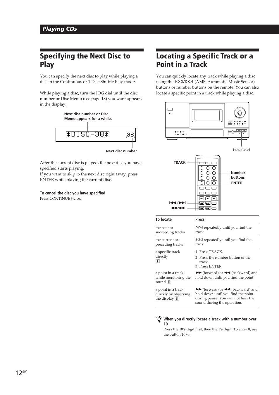 Locating a specific track or a point in a track, Specifying the next disc to play, Playing cds | Sony CDP-CX153 User Manual | Page 12 / 93