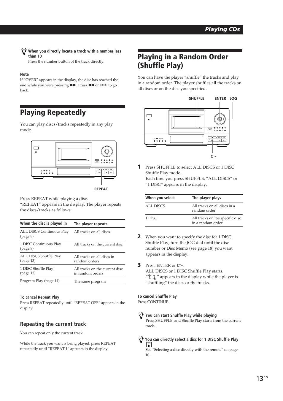 Playing in a random order (shuffle play), Playing repeatedly, Playing cds getting started playing cds | Repeating the current track | Sony CDP-CX153 User Manual | Page 13 / 93