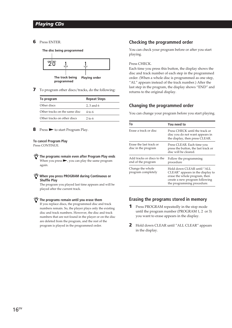 Playing cds, Checking the programmed order, Changing the programmed order | Sony CDP-CX153 User Manual | Page 16 / 93